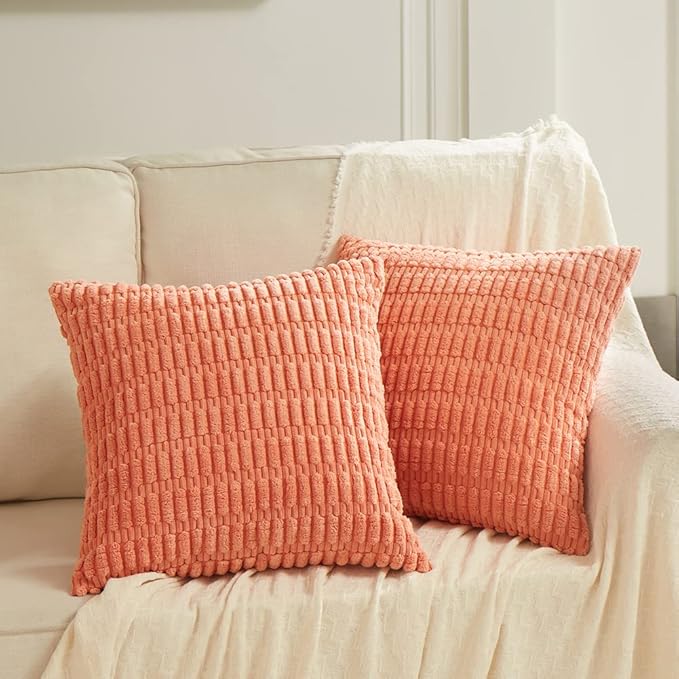 Fancy Homi 2 Packs Coral Decorative Throw Pillow Covers 20x20 Inch for Living Room Couch Bed Sofa, Soft Corduroy Square Cushion Case 50x50 cm, Rustic Modern Farmhouse Boho Home Decor