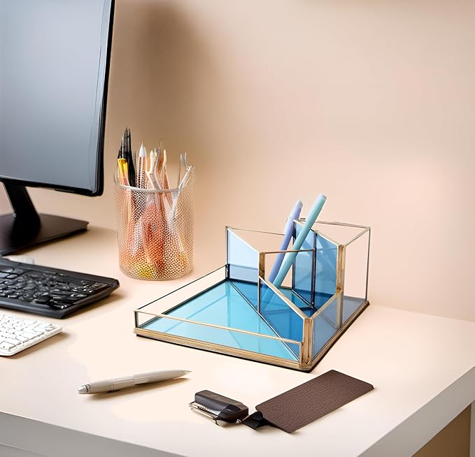 Gold & Blue Glass Desk Organizer - Elegant Office Decor, Aesthetic Makeup Brush Holder & Skincare Organizer, 4-Compartment Pen Holder, Pencil Cup, Vanity & Cosmetic Storage, Desk Accessories for Women