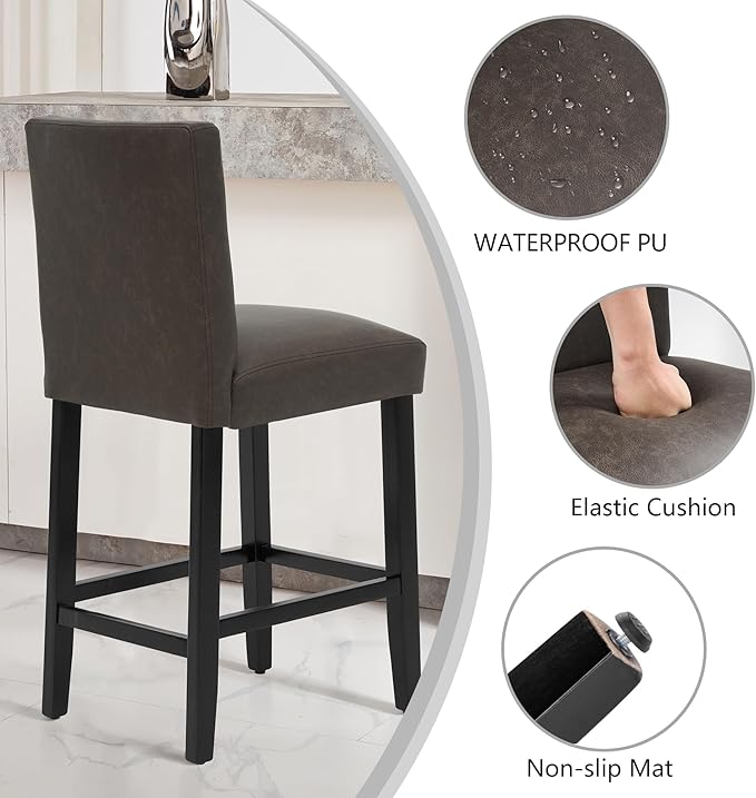 26'' Faux Leather Bar Stools Set of 3, Modern Upholstered Bar Height Bar Chairs, Soild Wood Legs Barstools with Back, Brown
