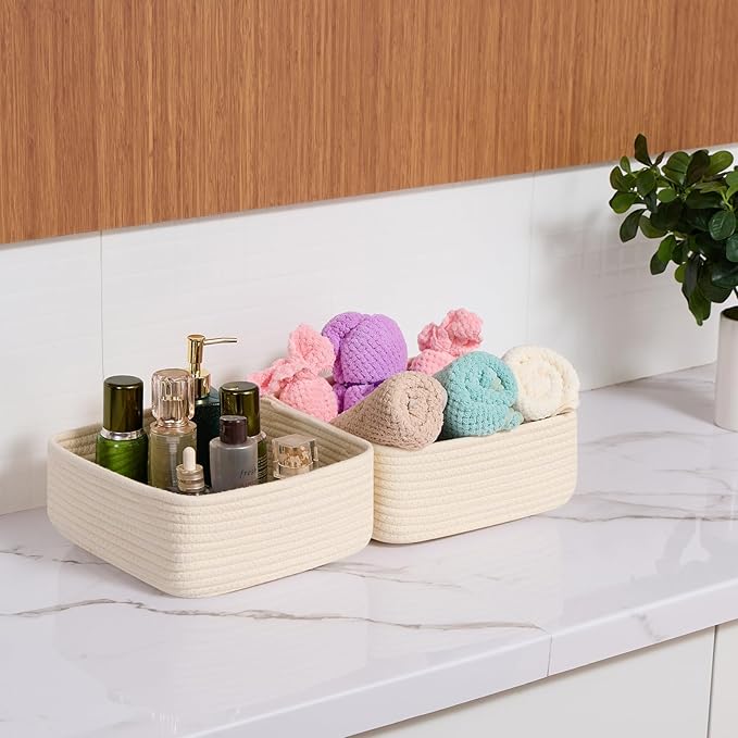 Small Square Shallow Baskets for Organizing, 9.7x9.7x4.3 Inch Rope Woven Storage Bins for Cubes Closet, Shelves Storage, Boho Decorative Basket, 2 Packs Beige