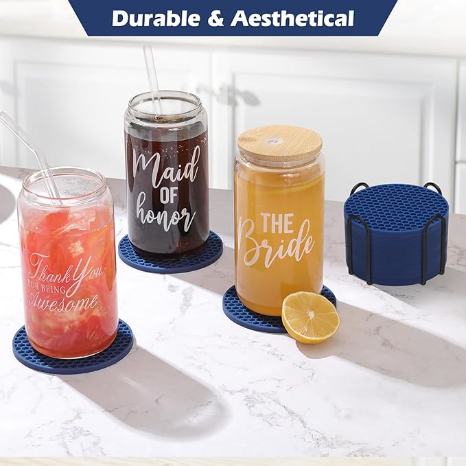 Silicone Coasters Set of 8 Holder,Coasters for Drinks,Beer,Coffee Coasters,Suitable for Kinds Cups,Hot or Cold,Anti-SLI,Non-Stick,Anti-Overflow Tabletop Protection and Decor (12 Pcs, Navy Blue)