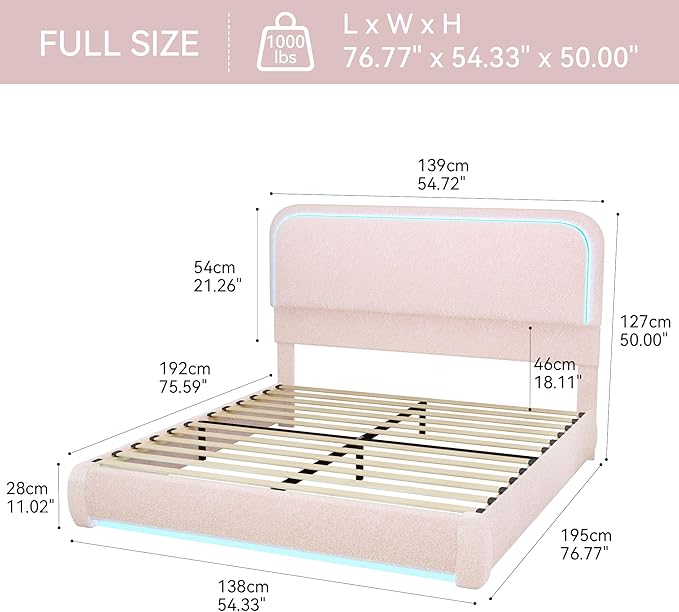 Torana Full Marshmallow Bed Frame with Headboard and Footboard, Curved Shaped Cloud Upholstered Beds with LED Lights, Teddy Fleece Bedframe with Soft Rounded Corners and Strong Slats Support, Pink