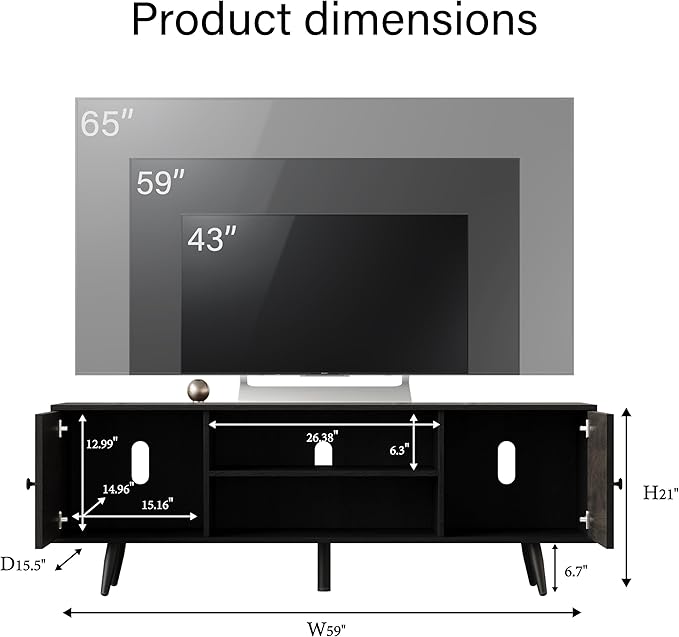 Modern TV Stand with Storage Cabinet, Wood Fashionable TV Cabinet with Waveform Panel and Adjustable Shelf, Entertainment Center TV Stand for TV, Living Room (Advanced Black