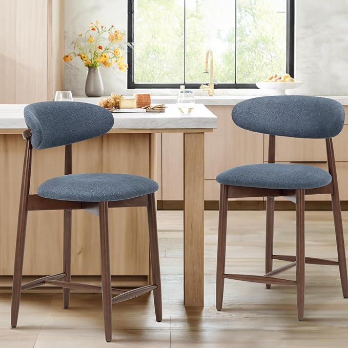 COLAMY Upholstered Counter Height Bar Stools Set of 2, Modern Kitchen Island Barstools Chairs with Back and Wood Legs for Dining Room Bar, Blue