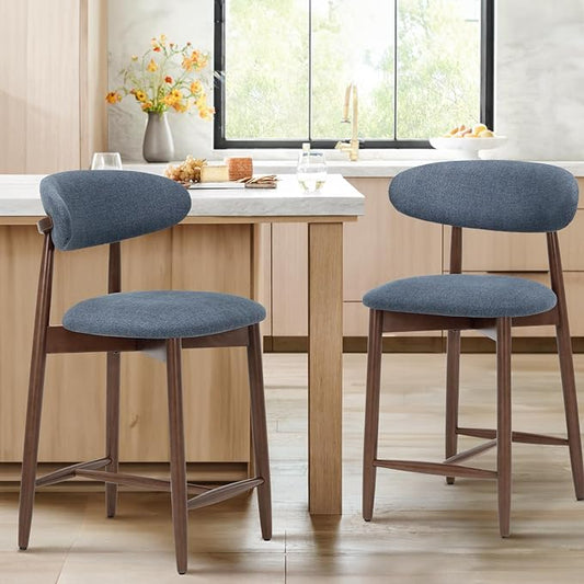 COLAMY Upholstered Counter Height Bar Stools Set of 2, Modern Kitchen Island Barstools Chairs with Back and Wood Legs for Dining Room Bar, Blue