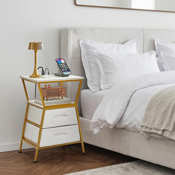Nightstand with Charging Station, Side Tables for Bedroom with Built-in USB Side Table with 2 USB Ports and Outlets Nightstand with Cloth Drawer End Tables Living Room Sofa Couch