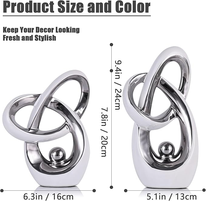 White Silver Modern Abstract Art Home Accent, Statues Coffee Table Decor, Table Centerpieces for Dining Room, Ceramic Sculptures and Gold Knick Knacks for TV Stand Decor