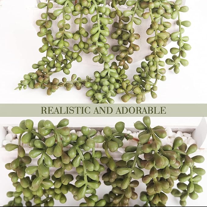 Floweroyal 2pcs Artificial Succulents Hanging Plants 12.2'' Fake String of Pearls in Pot with 8.3'' Lanyard for Indoor Outdoor Wall Decor.
