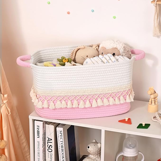 6 Pack Storage Basket for Shelves, Boho Cotton Rope Storage Bins with Heavy Tassel, Shelf Baskets Large Woven Baskets for Organizing, Cube Organizer Bins, Baby Laundry Basket for Clothes, Toys, Pets