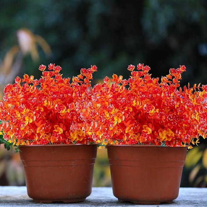 24PCS Artificial Eucalyptus Plants, Fake Boxwood Shrubs UV Resistant No Fade Faux Plastic Greenery for Wedding Bridal Bouquet Home Garden Kitchen Office Table Vase(Fall Gold Red)