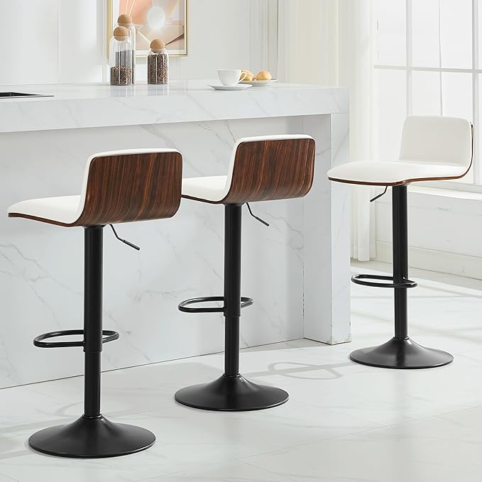 Set of 3 Swivel Bar Stools Adjustable Height, Faux Leather Barstools with Wooden Back and Footrest, Counter Height Bar Height Chairs for Kitchen Island, Dining Room, White