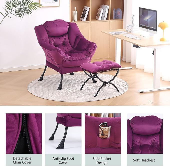 LITA Lazy Chair with Ottoman, Modern Accent Leisure Upholstered Sofa Chair, Contemporary Lounge Reading Chair with Armrests and a Side Pocket for Living Room, Bedroom & Small Space
