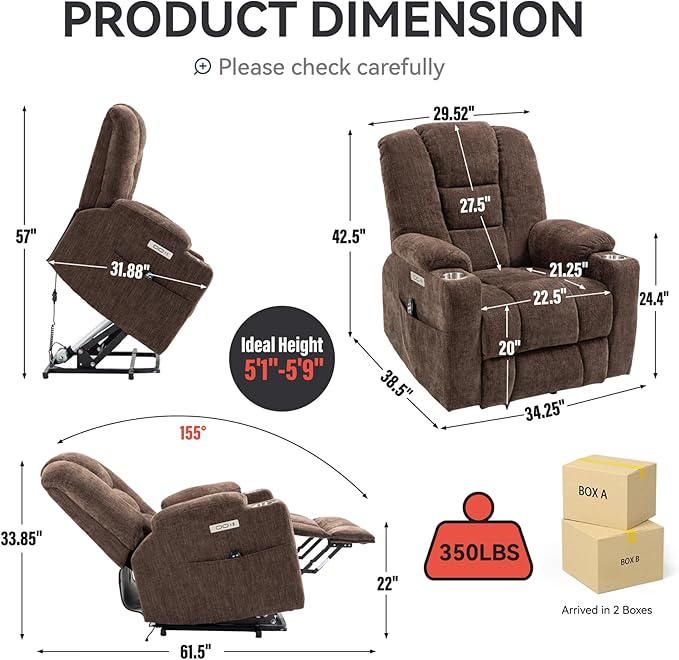 Large Power Lift Recliner Chair for Eldery, Overstuffed Wide Recliners with Massage and Heat, Electric Living Room Chairs with USB Charge Port, 2 Cup Holders, Brown