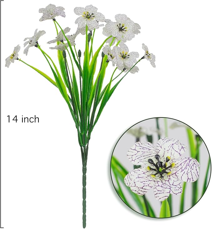 Outdoor Artificial Flowers 21 UV Resistant Bundles Fake Flower Plastic Plants Faux Silk Flowers Porch Hanging Garden Porch Window Box Decorating (White)