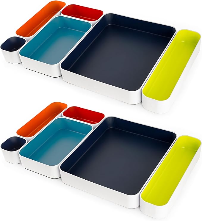 Three by Three Seattle 12 Piece Metal Organizer Tray Set for Storing Makeup, Stationery, Utensils, and More in Office Desk, Kitchen and Bathroom Drawers (Classic Colors)