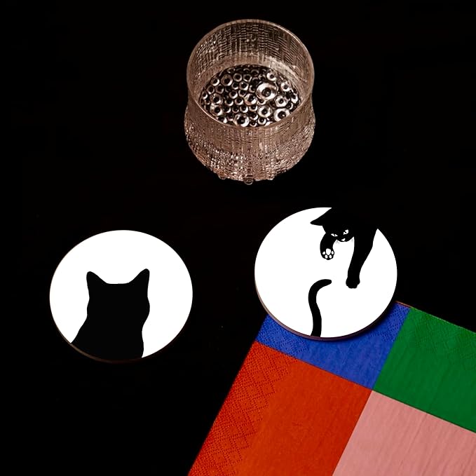 Black Cat Coasters Set of 6 with Holder - Ceramic Drink Coasters & Wall Art, Cute Home Decor for Cat Lovers, Kitchen, Living Room, Coffee Bar - Housewarming Gifts