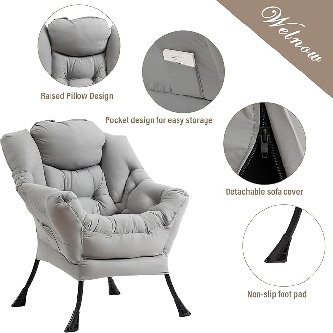 Welnow Lazy Chair with Ottoman, Modern Lounge Accent Chair with Armrests and a Side Pocket, Leisure Sofa Armchair Set, Reading Armchair with Footrest for Small Space, Light Grey