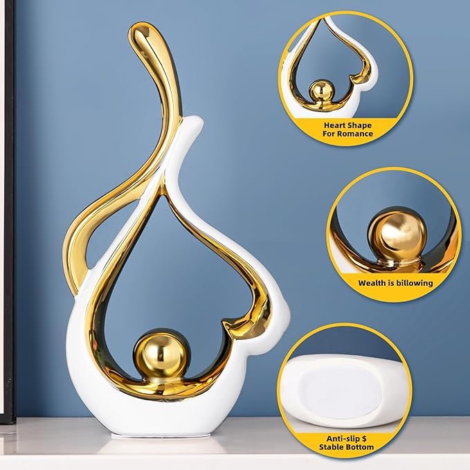 Gold Decor for Living Room, Abstract Sculptures Home Decor, Ceramic Statue Coffee Table Decor, Heart Shape Table Centerpieces for Dining Room, Modern White Sculpture Decor