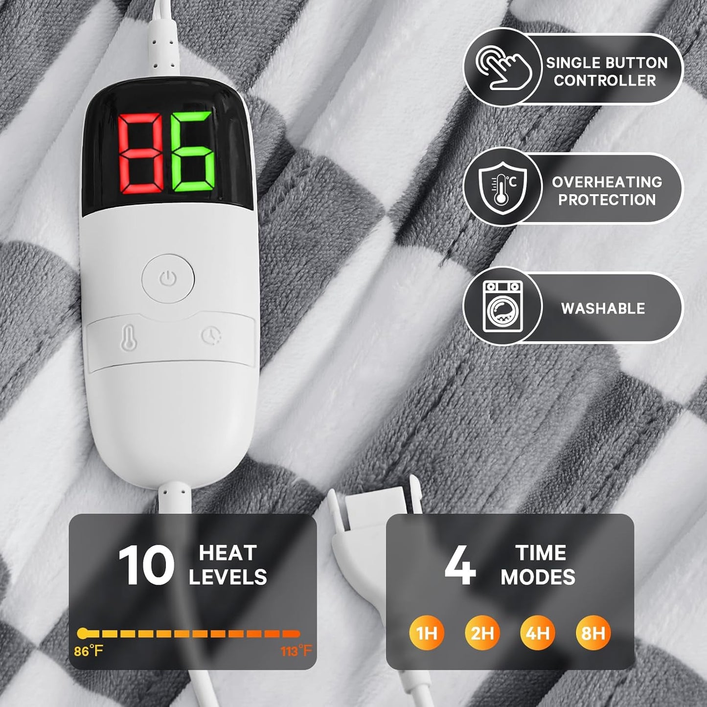 Heated Electric Blanketc Throw, 50X60 Heating Blanket with 10 Heat Level & 8 Hour Auto Off for Lap, Light Gray Checkered Plaid Sherpa Blankets Warmer Gift for Couch Grandma Women Adults Washable, ETL