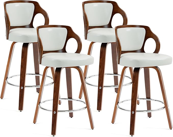 ECOTOUGE Swivel Bar Stools Set of 4, Walnut Faux Leather Counter Height Barstools with Bentwood Back and Footrest, for Dining Room, Kitchen Island and Pub, White