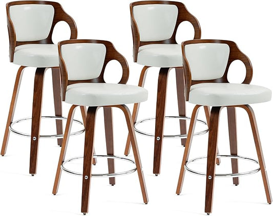 ECOTOUGE Swivel Bar Stools Set of 4, Walnut Faux Leather Counter Height Barstools with Bentwood Back and Footrest, for Dining Room, Kitchen Island and Pub, White
