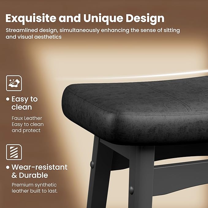 PHI VILLA Counter Height Bar Stools Set of 3 - Farmhouse Barstools with Upholstered Saddle Seat and Solid Wood Legs, Kitchen Counter Island Stools