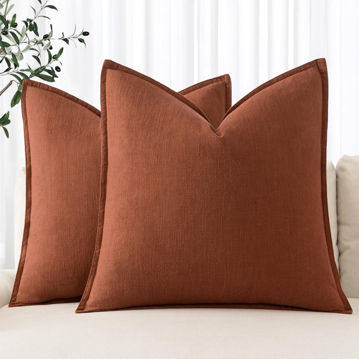 MIULEE Fall Decorative Linen Euro Sham Pillow Covers 24x24 Rust Boho Farmhouse Neutral Couch Throw Pillows for Bed Pack of 2 Accent Modern Pillowcase Summer Sofa Livingroom Home Decor