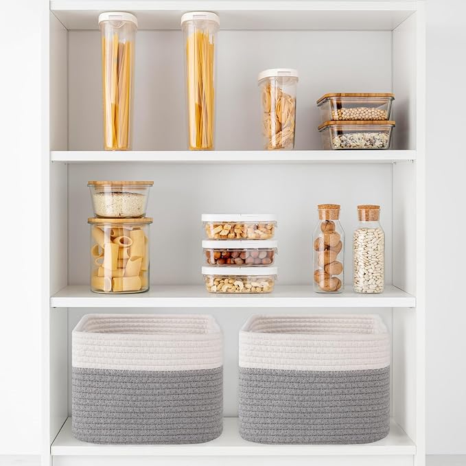 OIAHOMY 9”x9”x7” Storage Cubes, Cotton Rope Woven Baskets for Organizing, Cube Storage Bin, Small Gift Basket for Shelf, 3-Pack, Grey&White