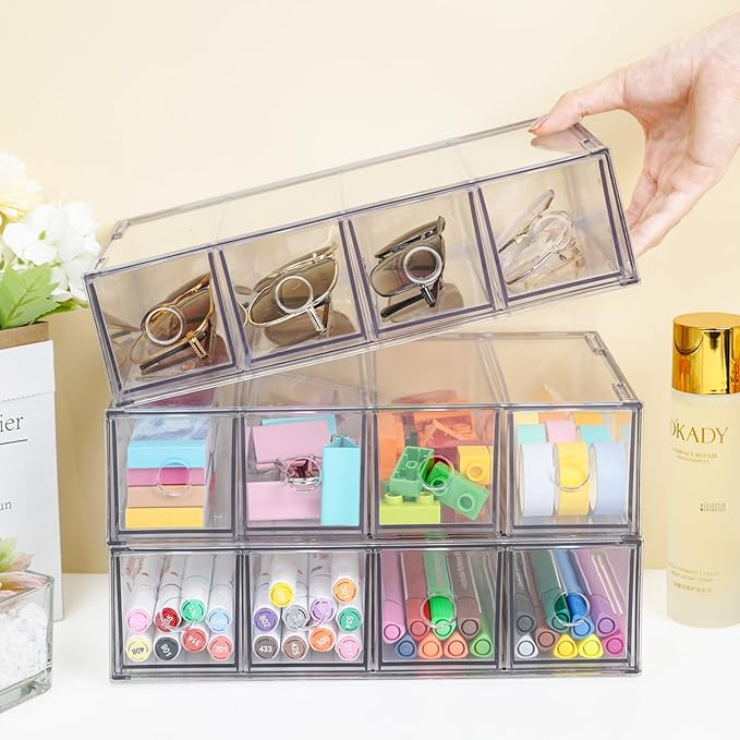 Desk Organizer with 12 Drawers, FODIENS 3 Packs Stackable Desktop Storage Box with Removable Drawer, Clear Sunglasses Organizer Display Case for Stationery Marker Pens Eyeglasses Office Supply