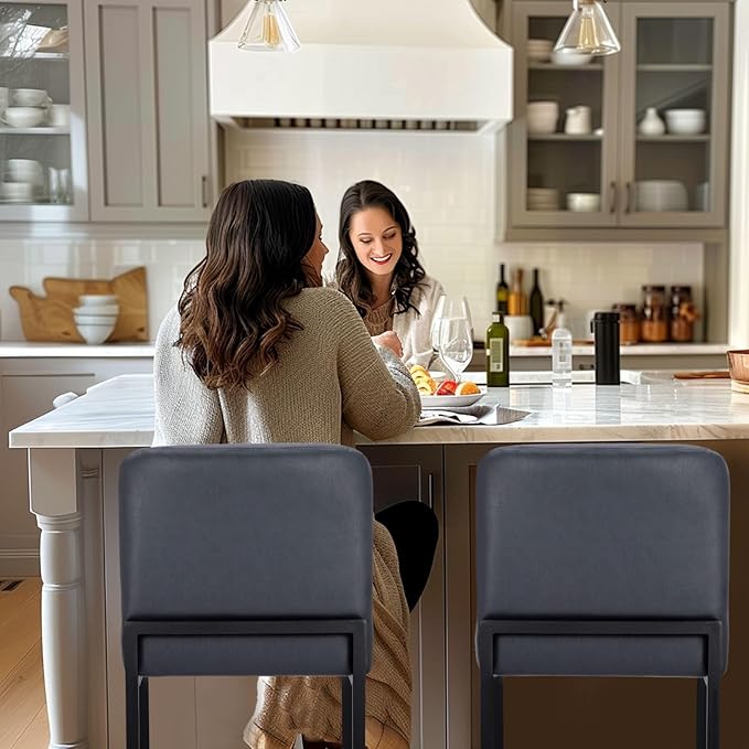 Sophia & William Blue Bar Stools Set of 2,Counter Height 24" Bar Stools, Modern Faux Leather Barstools with Back