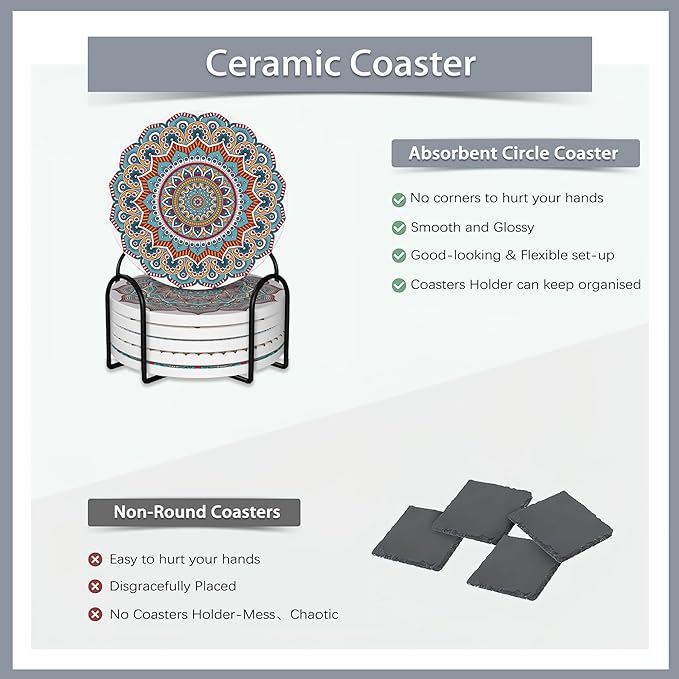 Drink Coasters Set of 6 with Holder,Mandala Boho Flower Absorbent Ceramic Coasters with Cork Base,Fit All Cups,Tabletop Protection Mat for Mugs and Cups,Office,Kitchen
