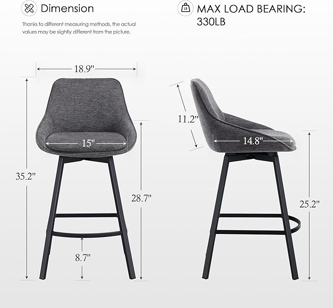 Zesthouse Swivel Bar Stools Set of 2, Modern Counter Height Barstools with Backs, 26'' Upholstered Linen Fabric High Chairs for Island Kitchen, Counter Height Chairs with Metal Legs, Dark Grey