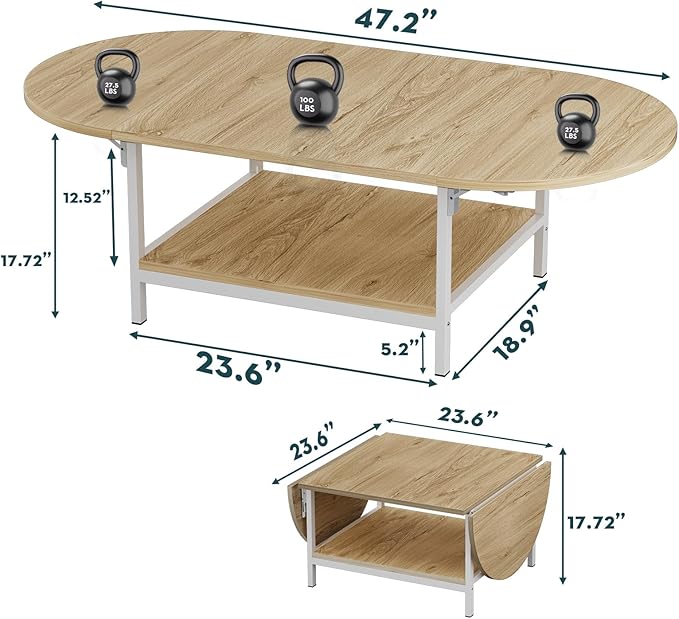 SAYGOER Modern Coffee Table 2-Tier Extended Coffee Tables for Living Room 2-Tier Small Extended Table with Storage White Center Table for Large or Small Spaces, Foldable, Oak