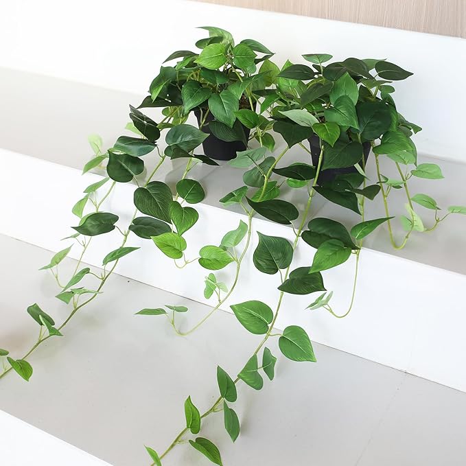 Fake Pothos Hanging Plants – Set of 2 Faux Ivy Vines with Pots, Realistic Silk Devil’s Ivy for Indoor Décor, Low Maintenance Artificial Greenery for Home or Office (Green)