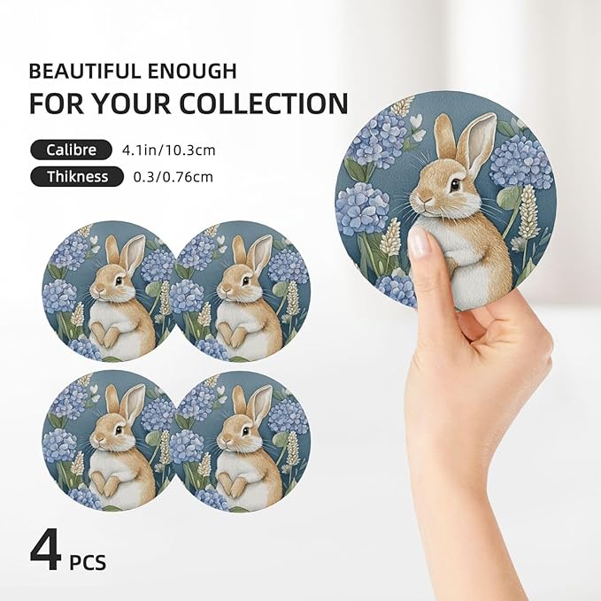 Easter Hydrangea Bunny Coasters for Drinks Cute Rabbits Flowers Spring Seasonal Absorbent Ceramic Coaster Set of 4 for Coffee Table Cup Bar Desk Round Coasters Mat with Cork Base