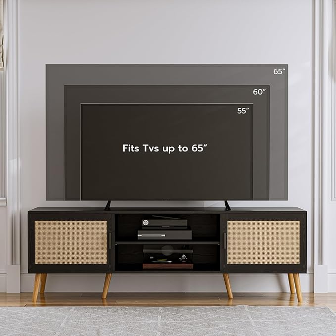 TV Stand for TVs up to 65'', Entertainment Center with Rattan Door, Shelves & 2 Cabinets, Boho Media TV Console for Living Room, Bedroom, Black