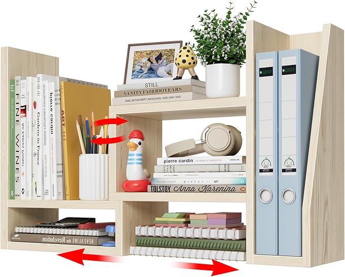 Desktop File Organizer Desk Organizer Shelf - Wooden Office Organization Shelves for Top of Desk Organizers and Accessories Corner Bookshelf Table Top Shelving Small Hutch Decorations for Women Office