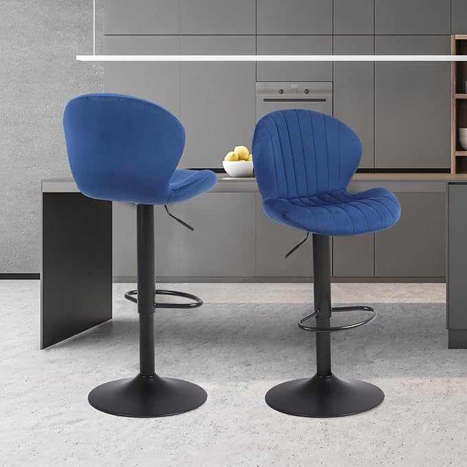 Modern Bar Stools Set of 2, Velvet Height Adjustable Swivel Barstools, Armless Kitchen Island Counter Chairs with Back & Footrest, Blue