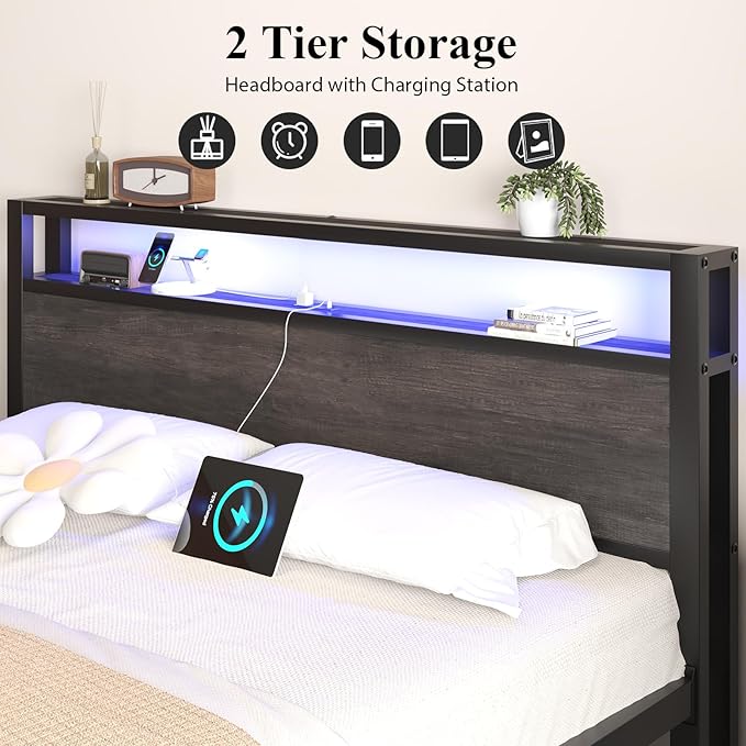 Full Size Bed Frame with Storage Headboard, Industrial Platform Bed with Charging Station and LED Lights, Heavy Duty Metal Slats, No Box Spring Need, Noise Free, Grey
