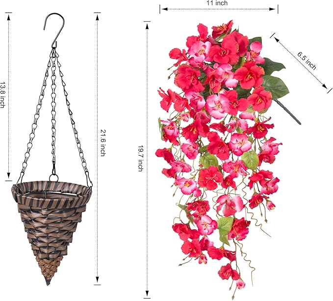 Artificial Fake Hanging Hibiscus Flower Baskets for Outdoor Decoration, Faux Silk Hibiscus Long Vines in Planter UV Resistant Realistic Flowers for Outside Porch Patio Home Decor, RedPink