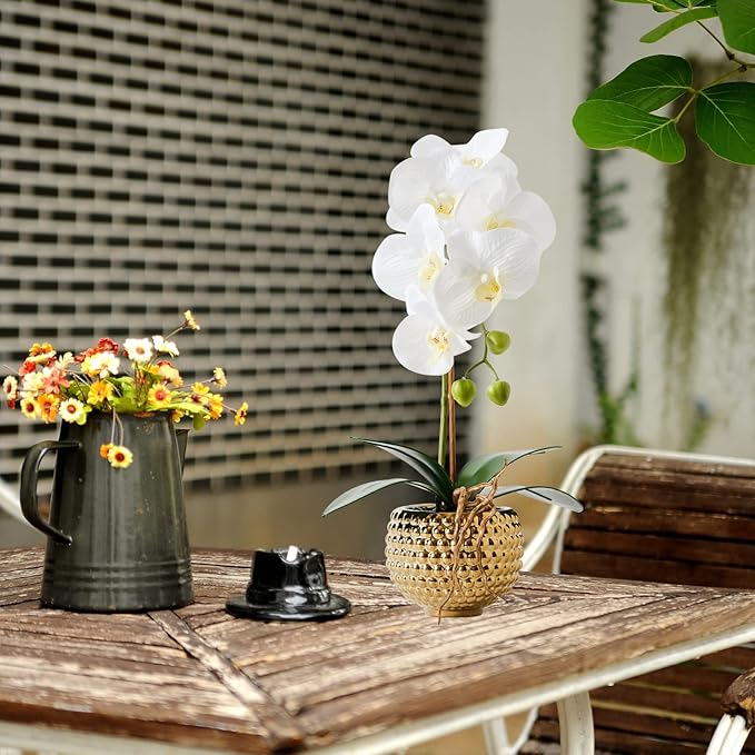 Orchids Artificial Flowers, 15" Faux Orchid in Gold Flower Pot Real Touch Flowers in Pot Large Flower Arrangements Artificial Centerpiece for Home Living Room Bathroom Kitchen Decoration (White)