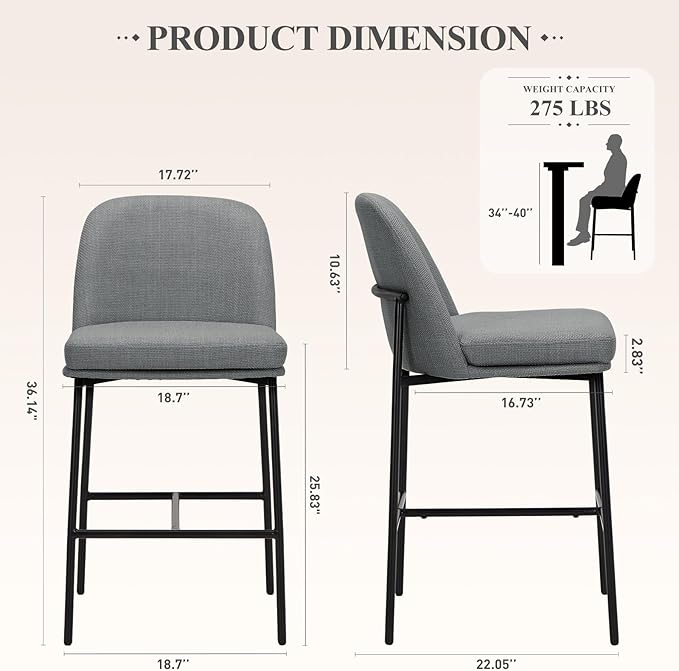 COLAMY Counter Height Bar Stools Set of 2, 25 Inch Modern Fabric Kitchen Island Stools with Back, Upholstered Counter Barstools Armless Bar Chairs with Metal Legs for Island Dining Room Bar,Dark Grey