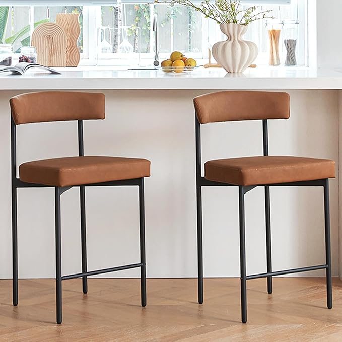 Brown Modern Bar Stools Set of 2, 24 Inch Faux Leather Counter Stools with Curved Backrest, Counter Height Bar Stool for Kitchen Island