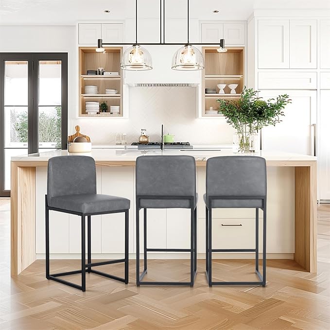 Sophia & William Grey Leather Bar Stools Set of 3, Counter Height 24" Bar Stools for Kitchen Island