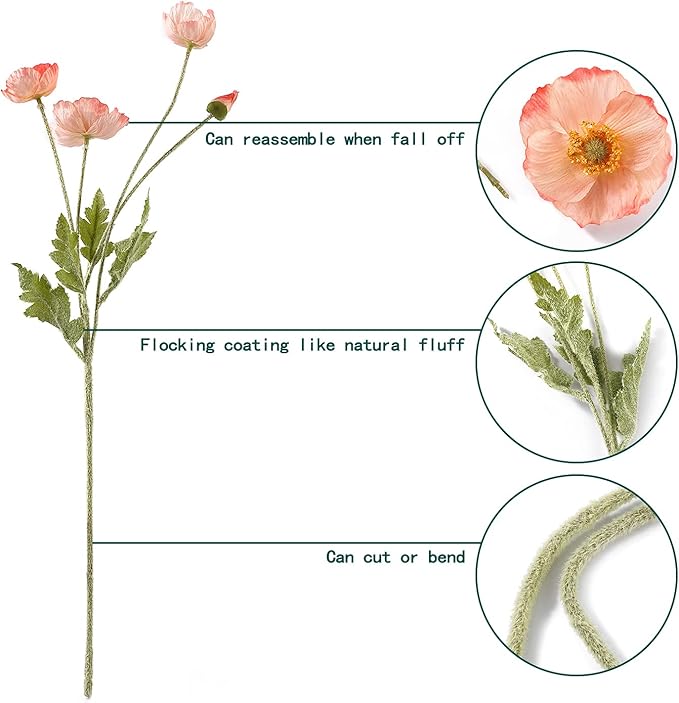 Artificial Poppy Flowers, 5 Bundles Faux Poppies with Stems for Floral Arrangements - Wedding, Home, Office, Party Table Centerpiece Decor (Pink)