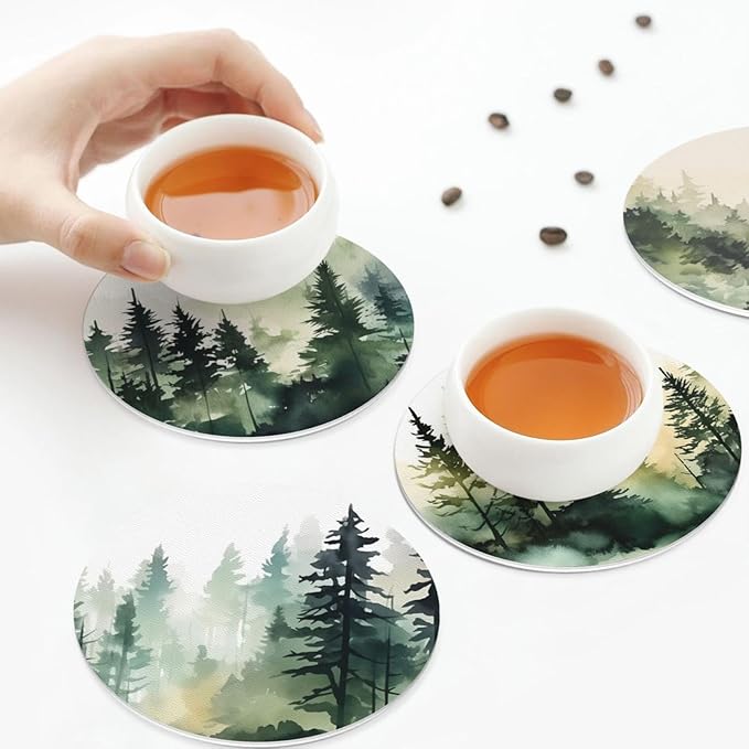 Forest Pine Trees Coasters Set of 6 Coasters for Drinks Absorbent Double-Sided Leather PVC Coaster for Tabletop Protection Coffee Table Decor Ideal for Home Decor House Warming Gifts