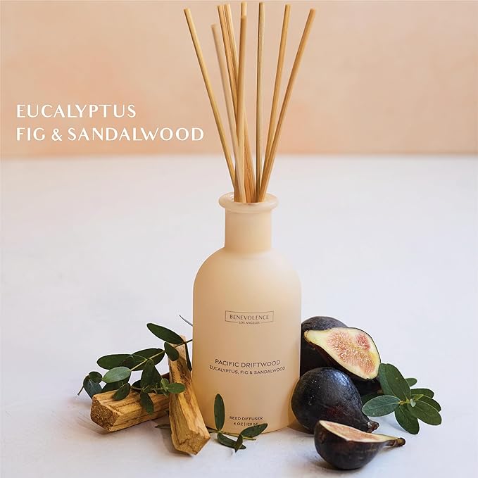 Benevolence LA Reed Diffuser for Home | Eucalyptus, Fig & Sandalwood | Elegant Home & Bathroom Decor | Fragrance Diffuser with Sticks for Bathroom - Malibu Sands Collection
