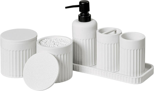 Bathroom Accessory Set - 6 Pieces Bathroom Accessories Set Complete with Soap Dispenser, Toothbrush Holder, Tumbler, Vanity Tray and 2 Qtip Holder for Home Organizer and Decor, White