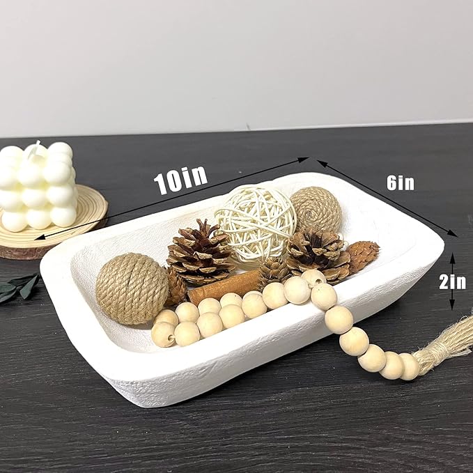 Wooden Dough Bowl Decor, Vintage Wooden Bowl Hand Carved Home Decor for Dining Table Center, Living Room, Kitchen Decor. (10inch white)