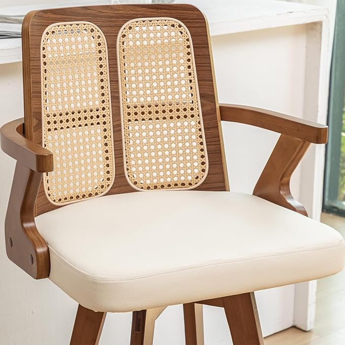 Set of 3 Mid Century Counter Stools - 27 inch Rattan Swivel Counter stools with Curved Back, Walnut Crafts, Upholstered Faux Leather, CounterChairs for Island/Pub/Kitchen (27" Seat Height, Beige)